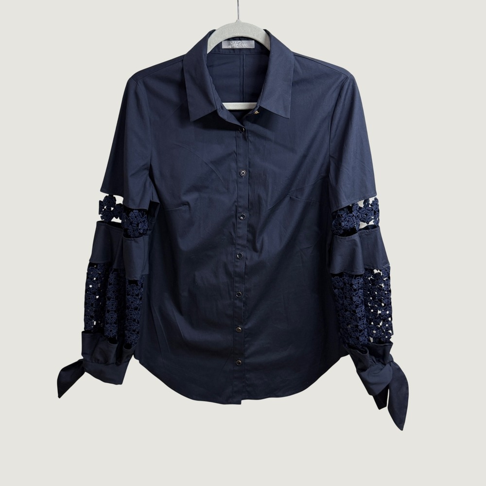 Lela Rose Navy Blue Statement Lace Sleeve Button Top Dark Romantic Poetcore Sz 8